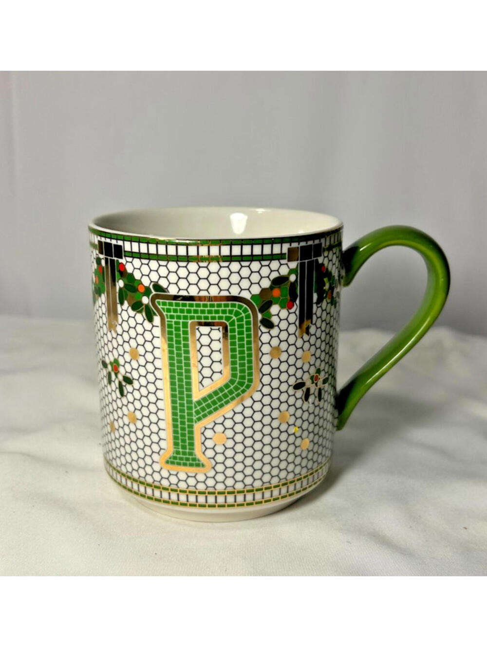ANTHROPOLOGIE Monogram P Festive Bistro Tile 13oz Coffee Mug 24K Stoneware Green